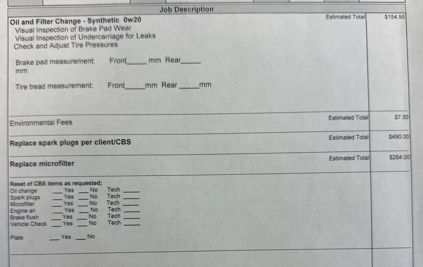 Car maintenance bill